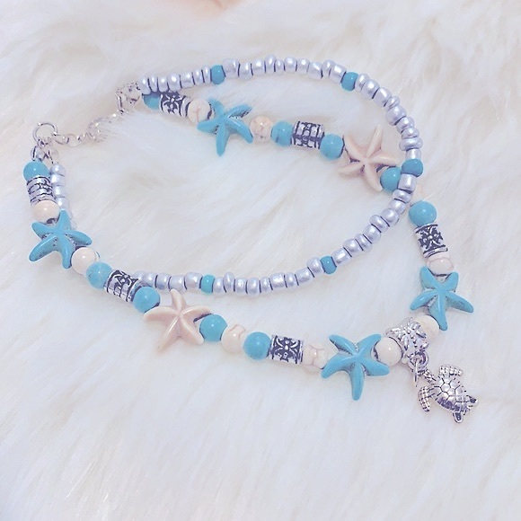 Beach Vibes Beaded Double Layered Turquoise StarFish & SeaTurtle Charm Bracelet - Picture 6 of 13